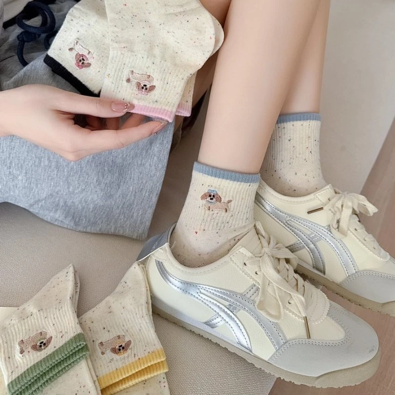 春夏刺绣小狗女袜子6519薄棉拼色百搭运动袜子无骨低帮休闲短筒袜
