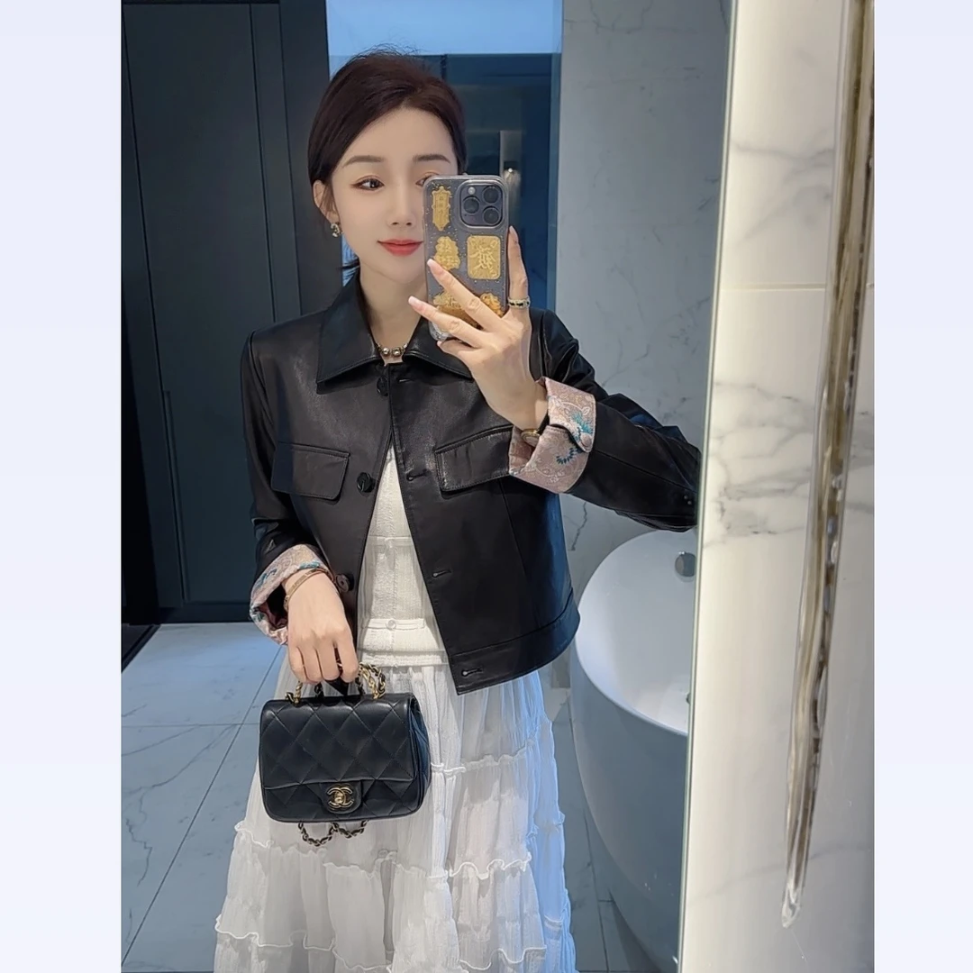 【大静静】早春设计款黑粉拼色国风小皮衣