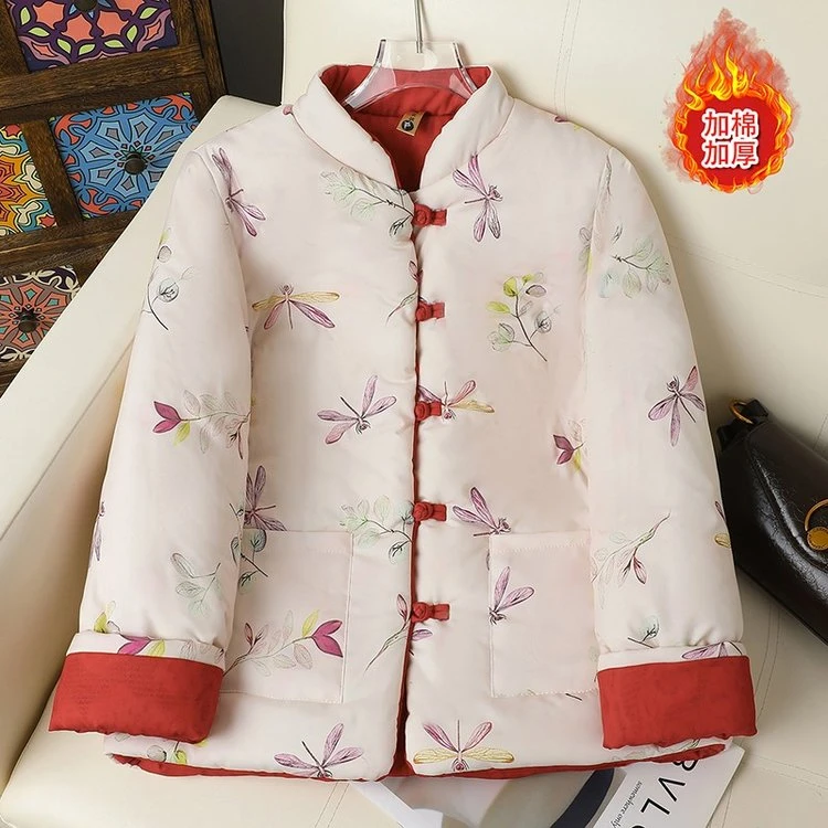 【双面穿】冬季加厚时尚盘扣棉衣印花保暖棉服民族风上衣宽松型