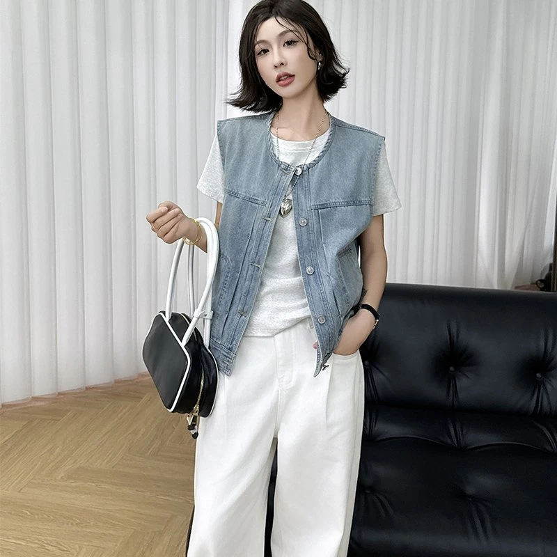 百搭休闲复古单排扣女外搭工字型无袖常规马夹宽松小众马夹