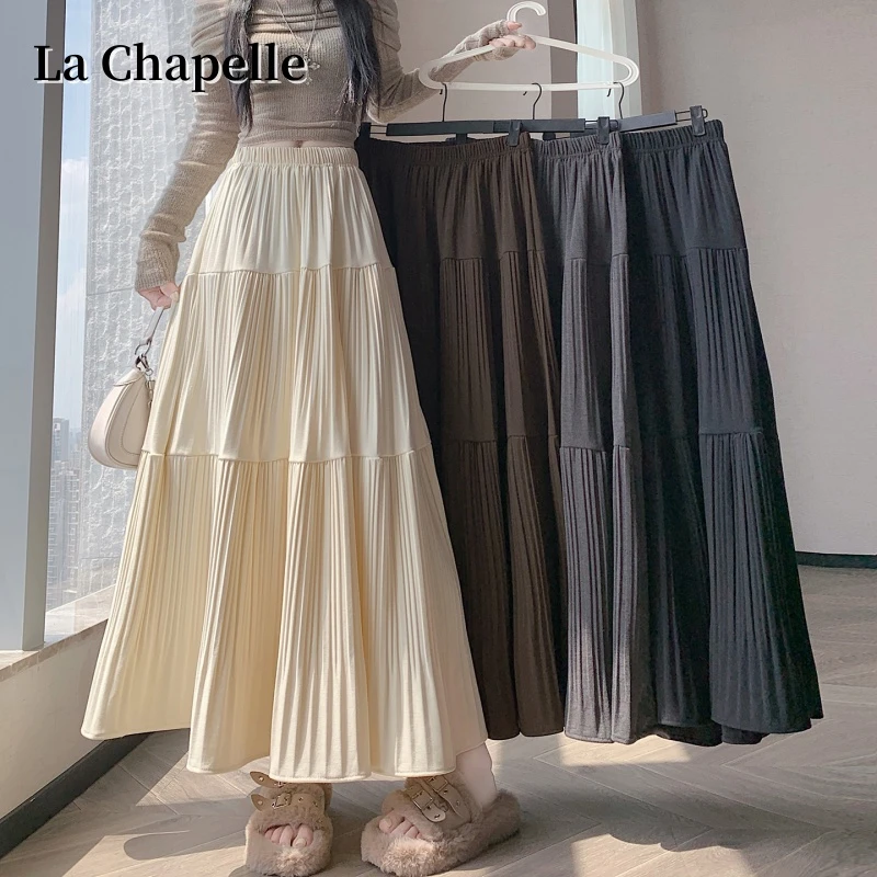 拉夏贝尔半身裙女秋冬季新款高腰大摆裙百褶裙a字伞裙蛋糕中长裙