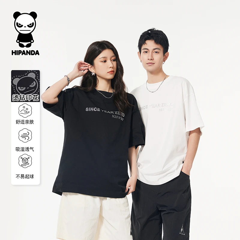 HiPanda你好熊猫夏季新款创意字母烫钻宽松舒适圆领短袖高级感短T