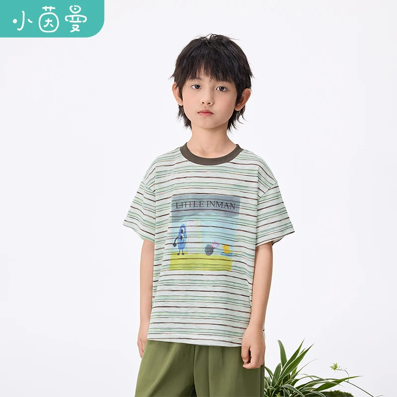 小茵曼男童条纹短袖t恤卡通印花2025秋季宽松休闲半袖衫BF3852358