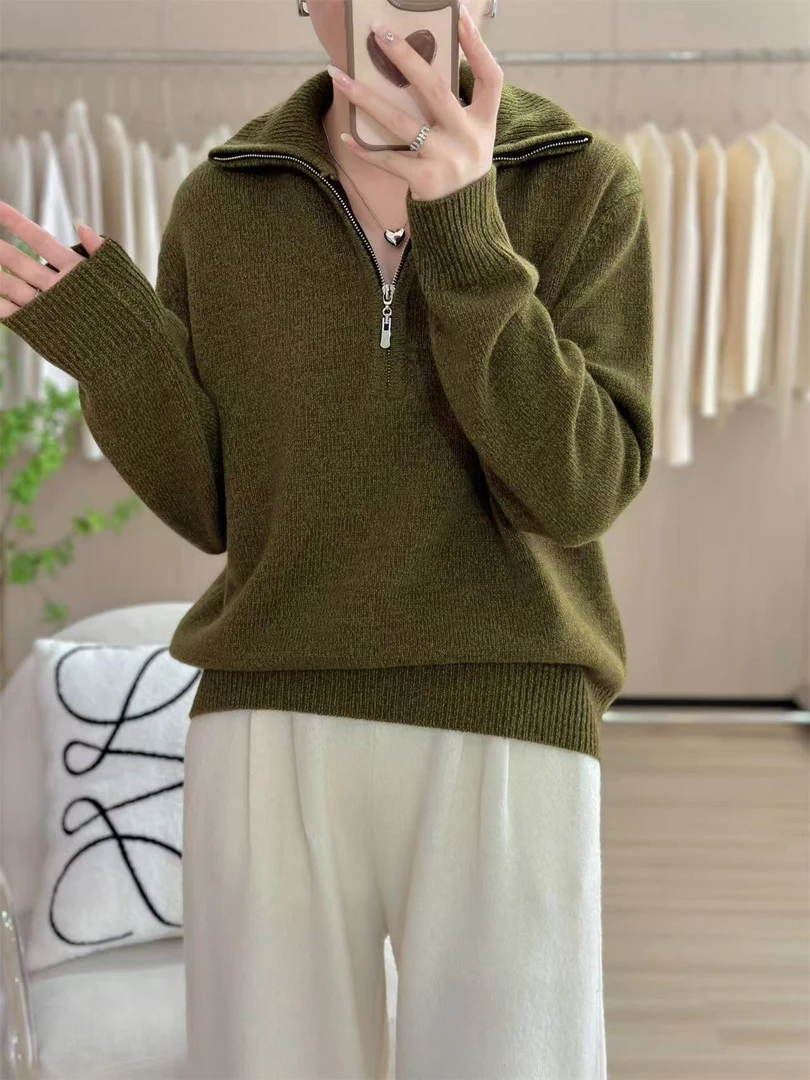 7367翻领芥末绿高领半拉链宽松毛衣外套女上衣针织衫