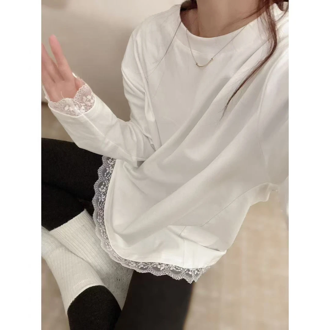 QiongQiong人手款！早春款纯色百搭拼接蕾丝长袖T恤
