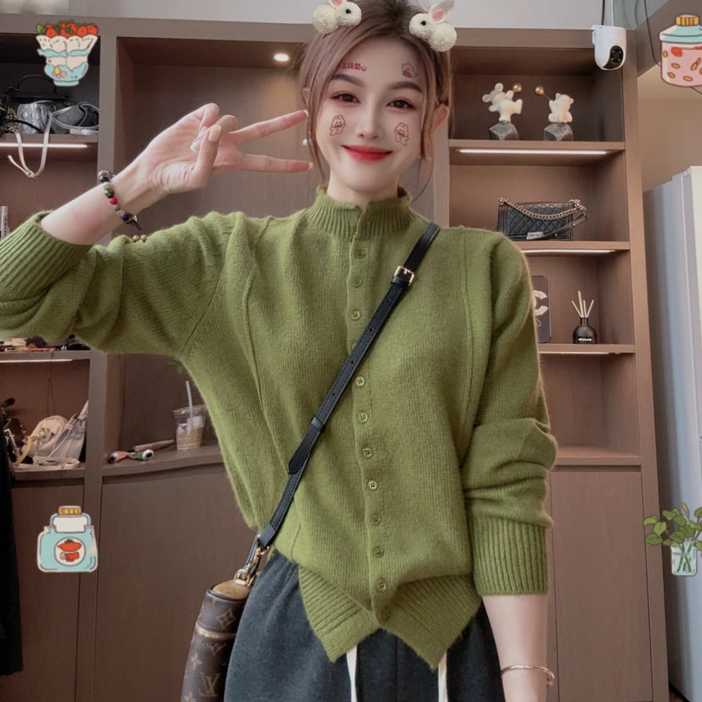 容容定制长袖立领纯色开衫款针织毛针织衫韩版宽松时尚洋气130