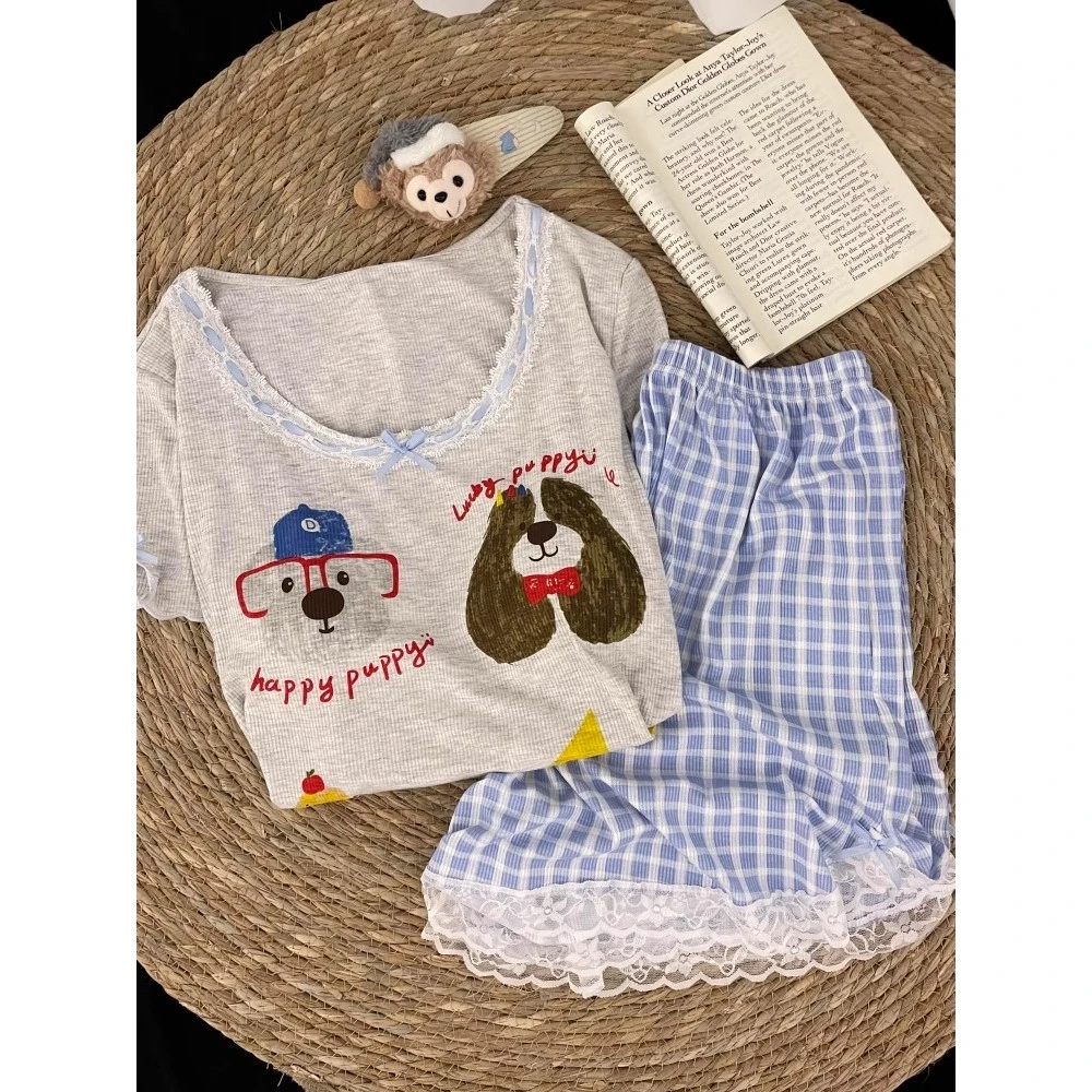 韩版可爱卡通小狗短袖睡衣女2025新款夏蕾丝花边格子短裤家居套装