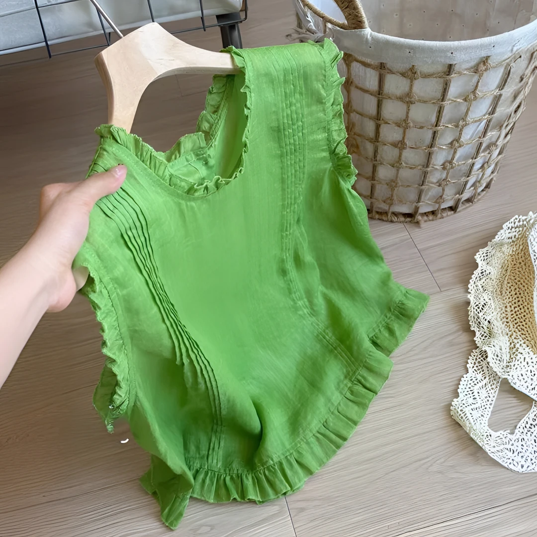 法式轻奢风绿色立领花边拼接显白无袖衬衫女夏2025宽松显瘦上衣装