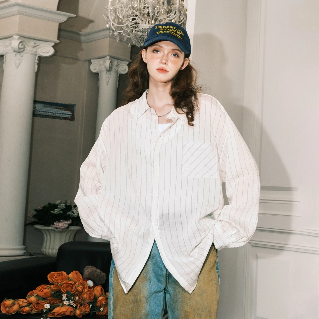 BEETLE TOWN美式条纹长袖衬衫女夏季新款宽松百搭衬衣薄外套