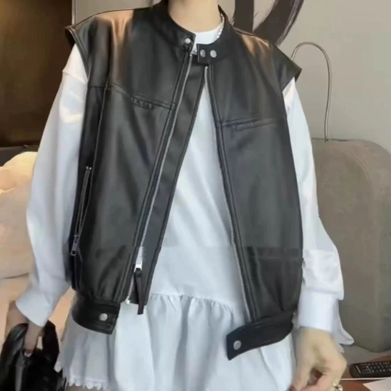 2025秋季新款真皮马甲女绵羊皮无袖背心圆领马夹外套洋气宽松外套