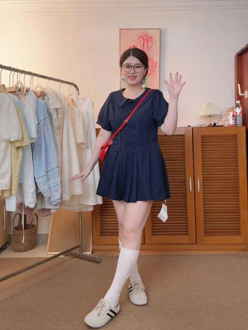 院风泡泡袖衬衫连衣裙胖MM夏季气质收腰甜美短裙套装