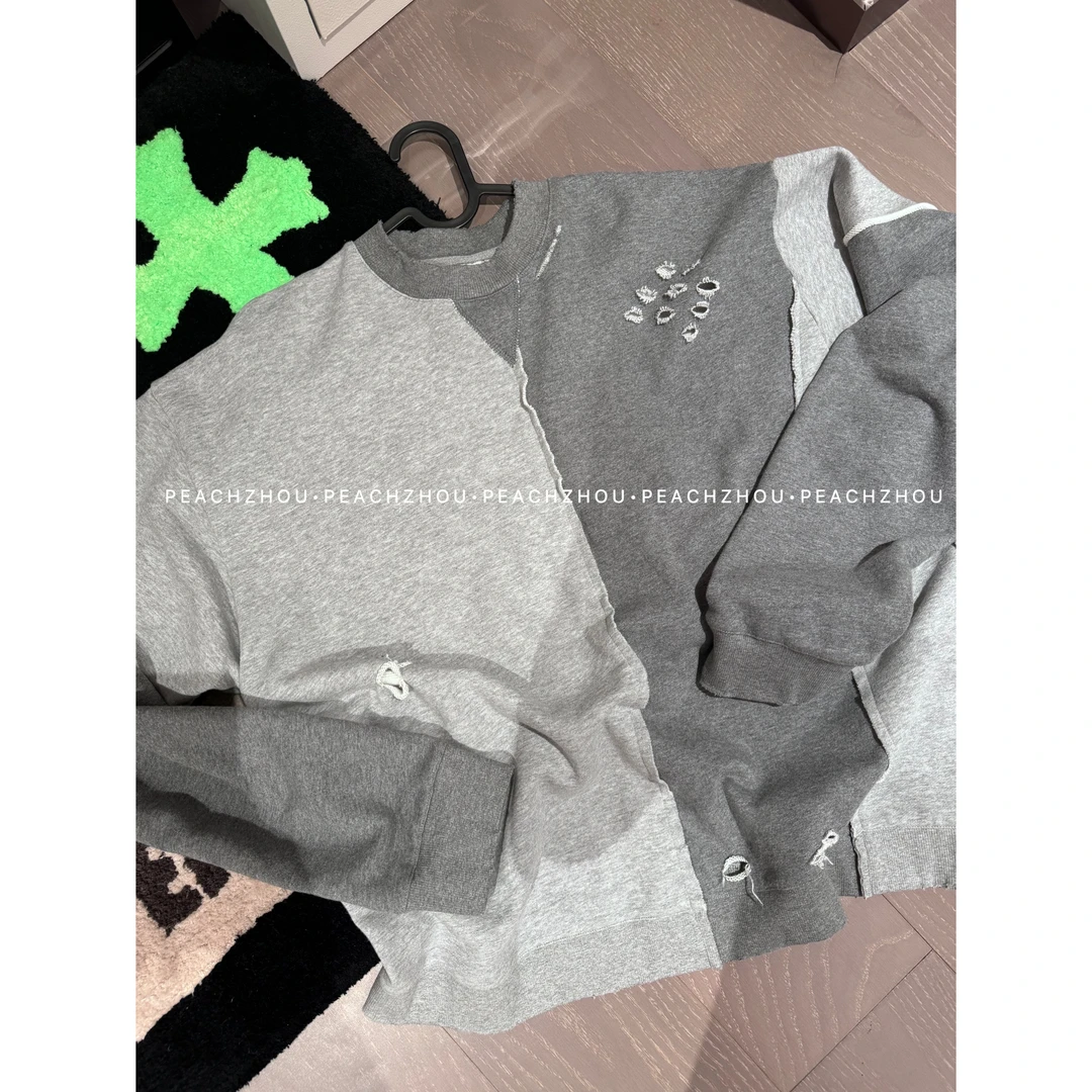 『PEACHZHOU』拼接撞色破洞宽松毛圈卫衣休闲设计感洋气长袖上衣