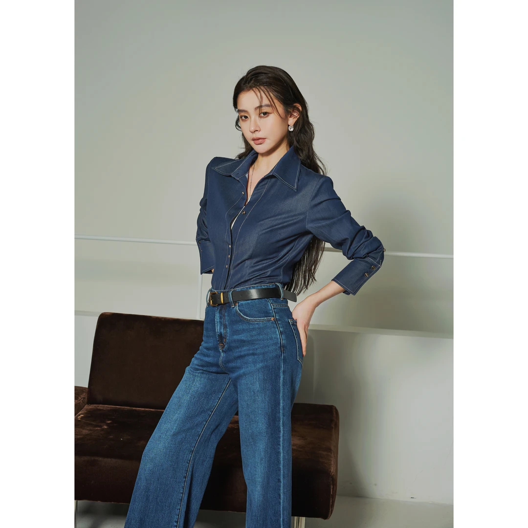 【好久不见】老粉必收 健康体态 牛仔色彩色收腰海妖风长袖衬衫