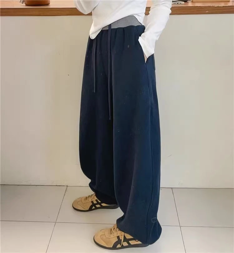 冬季高级感拼色抽绳加绒运动裤女宽松显瘦弯刀卫裤休闲遮肉阔腿裤