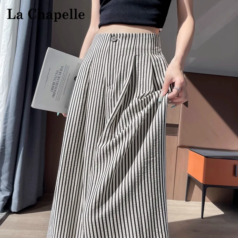 拉夏贝尔复古条纹阔腿裤女早秋季棉麻西装裤高腰宽松拖地冰丝裤子
