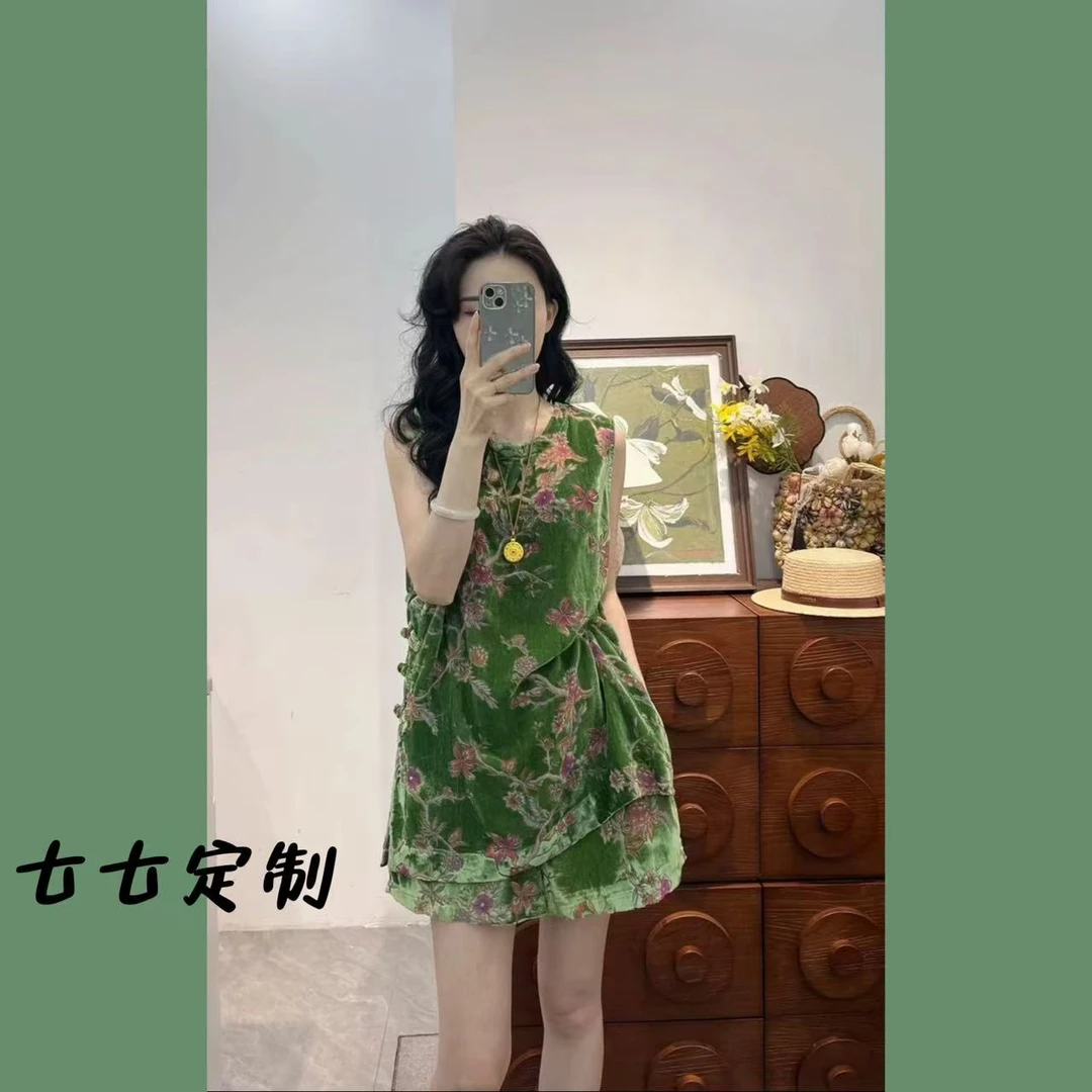 夏季新款轻奢高级感国潮风提花无袖上衣+短裤两件套29537