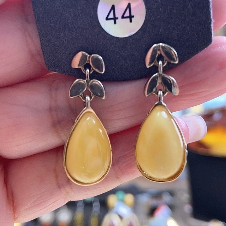 琥珀银S925镶嵌耳饰耳环