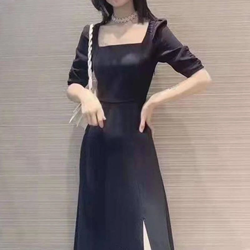 专柜商场同款夏季气质法式修身时尚百搭方领五分袖连衣裙长裙女
