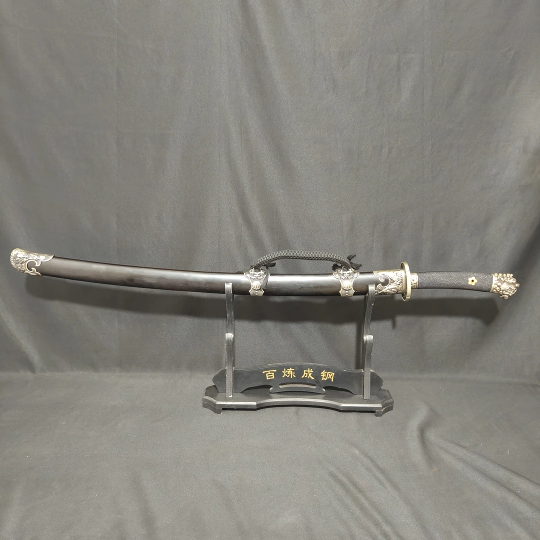 雁翎刀乌兹钢白铜做旧黑檀木工艺品收藏未开刃