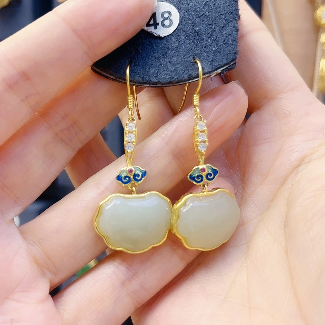 和田玉银S925镀金镶嵌耳饰