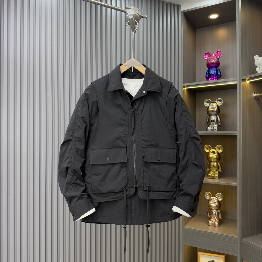 春季新款简约薄款假两件外套男美式潮流拼接个性翻领夹克青年上衣