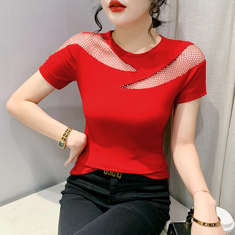 拼接圆领短款镂空短袖法式珍珠感T恤洋气显瘦时尚打底衫设计感