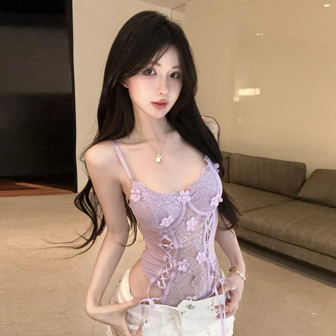 2025新款紫色韵味蕾丝透视立体花朵绑带收腰连体衣百搭休闲裤套装
