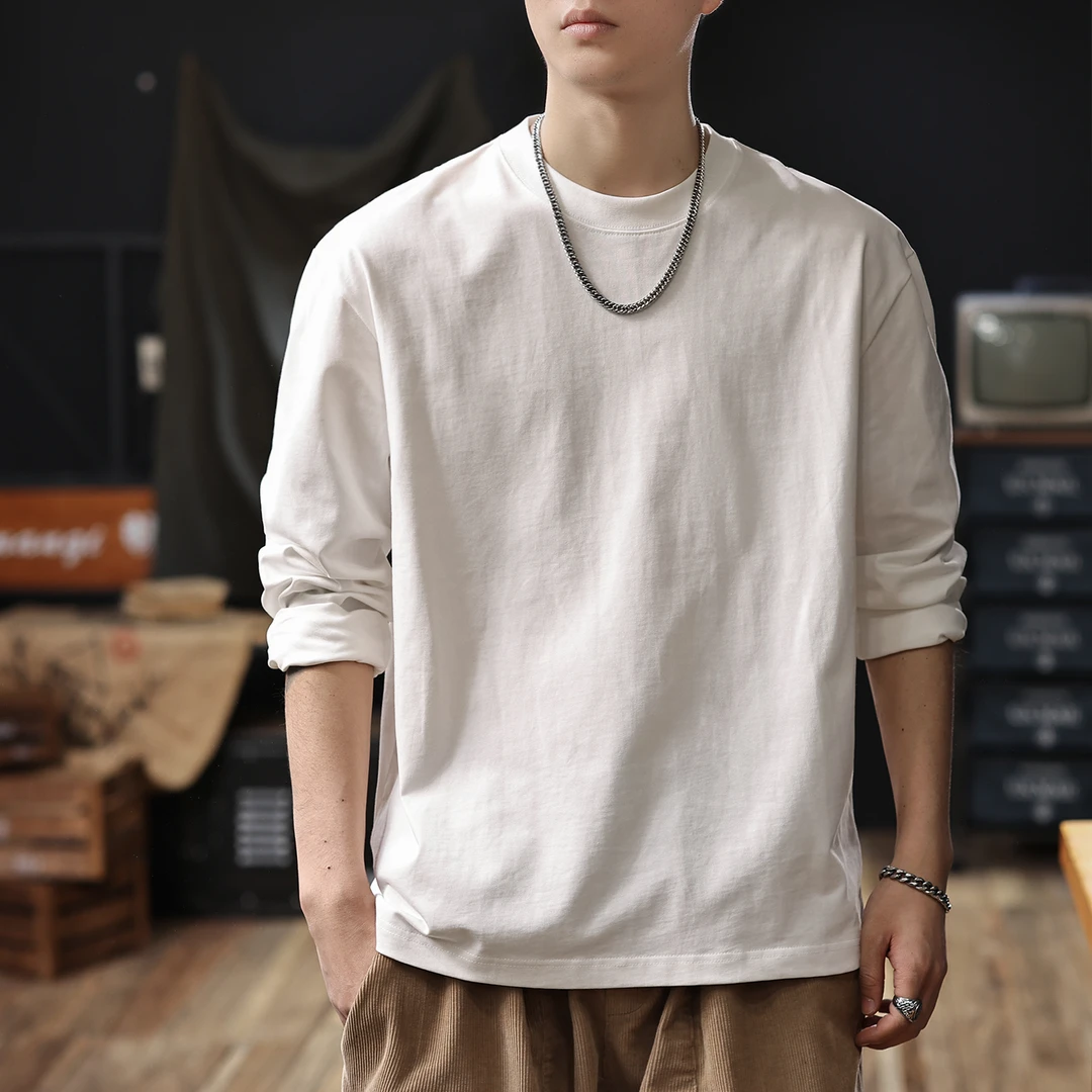 U&PURA2025秋季新款纯棉长袖T恤男士宽松百搭圆领打底衫内搭上衣