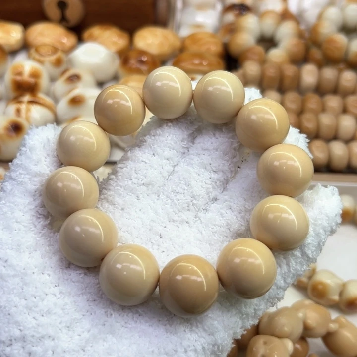 菩提根/象牙果手串49 臻品象牙果原果老师傅精工奶油黄圆珠微瑕