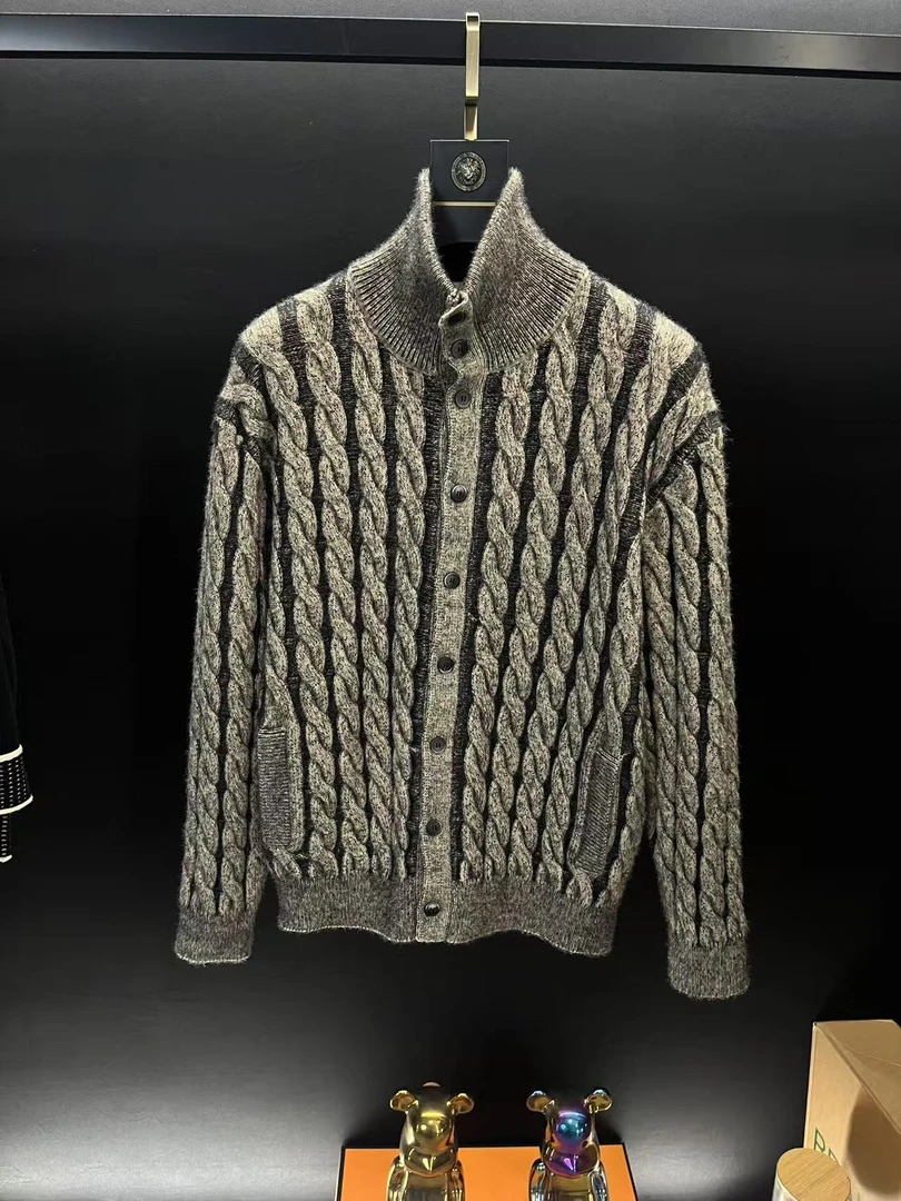 【啊然专属】2025年男女同款100羊毛针织衫条纹撞色开衫-MY50040