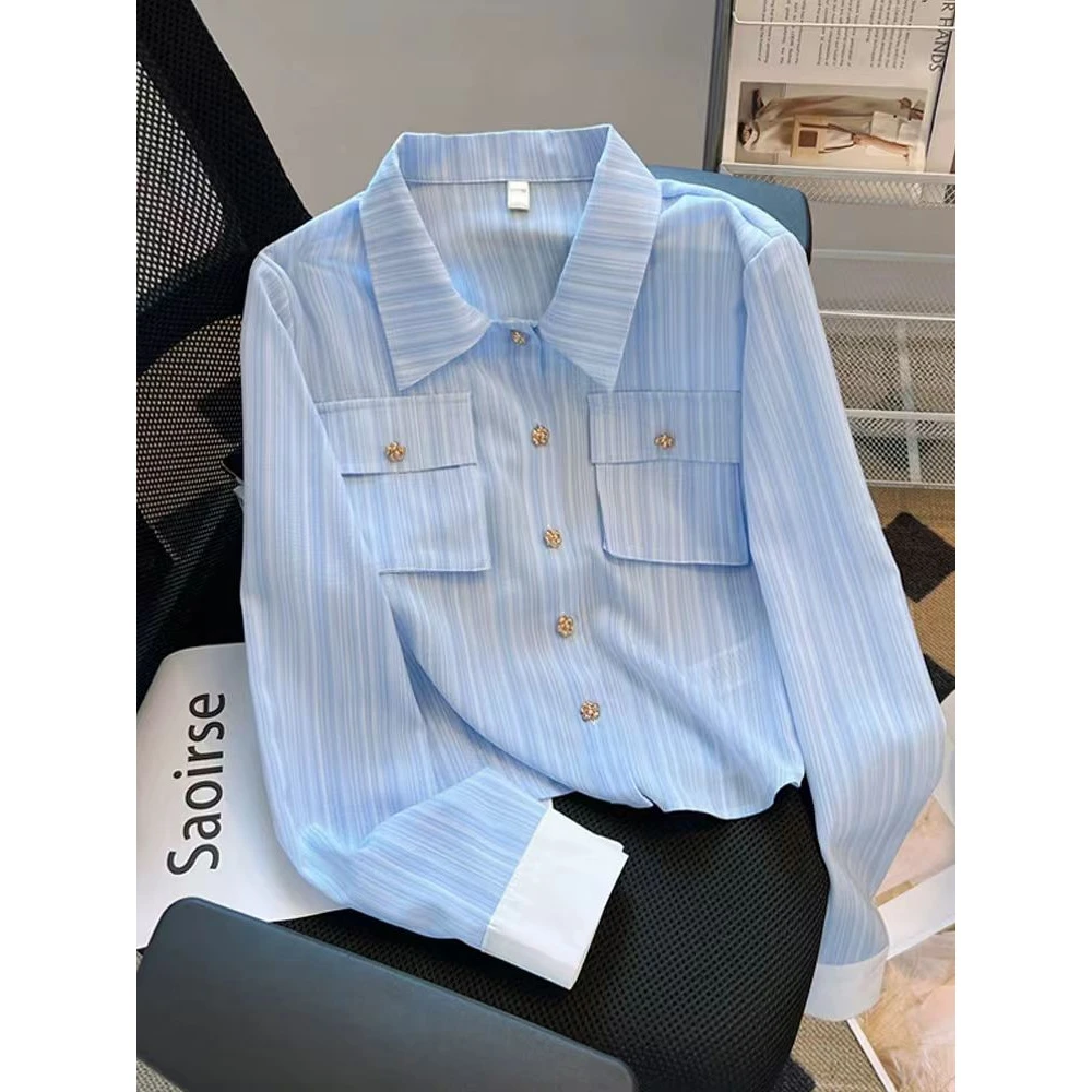 H22时尚潮流蓝色条纹衬衫长袖衬衣短款上衣