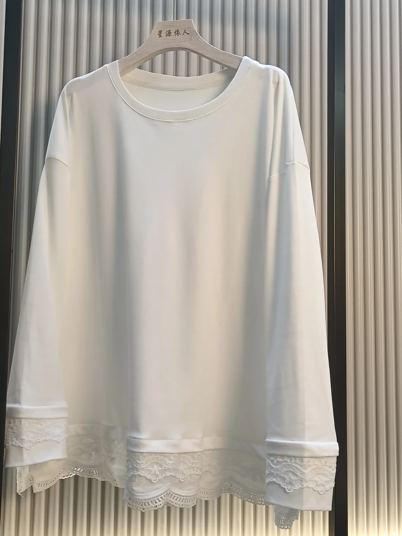 白色印花宽松长袖百搭抗起球蕾丝拼接纯色T恤宽松型设计师