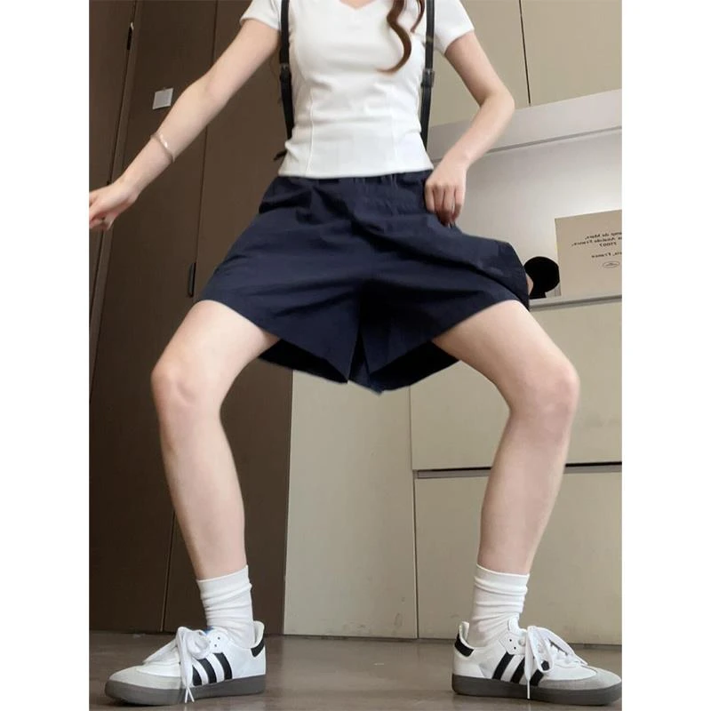 雪千羽藏青色工装裙裤女夏2025新款宽松阔腿五分休闲山本冰丝短裤