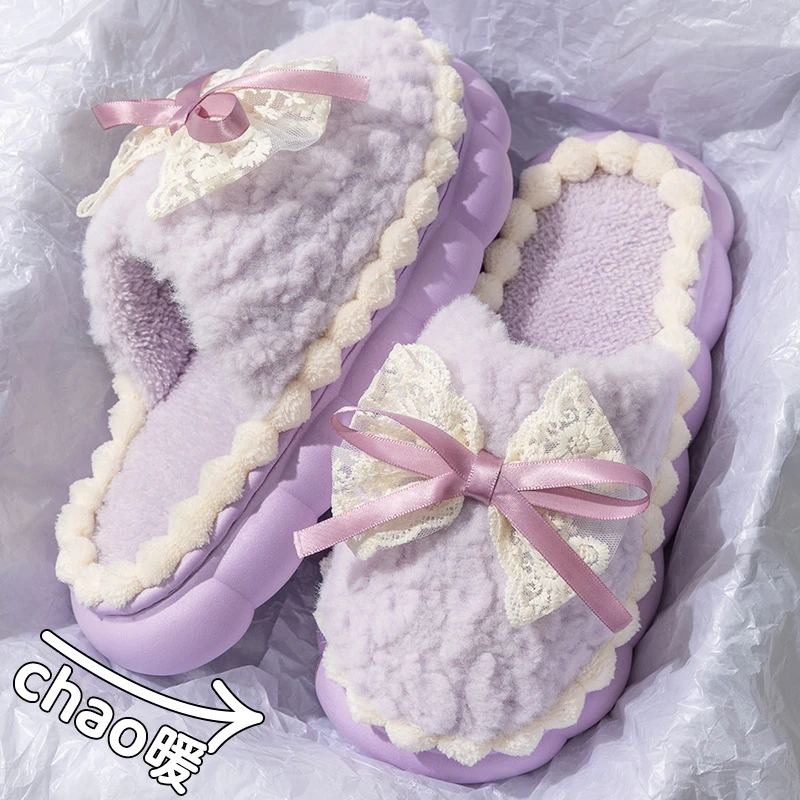 保暖棉拖鞋蕾丝蝴蝶结冬季时尚外穿加绒加厚毛绒防滑软底居家棉拖