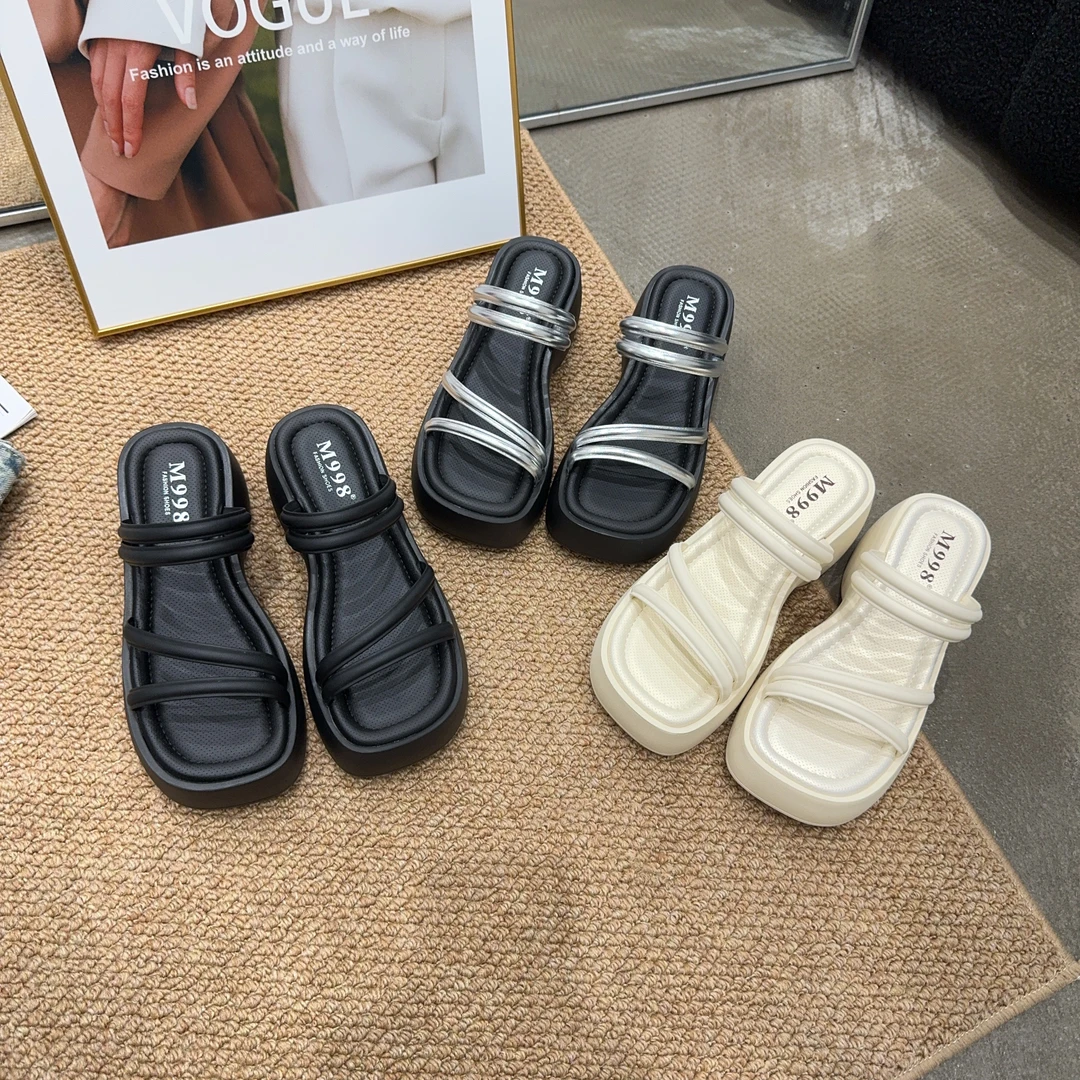 880-12 夏季新品女厚底一字带拖鞋舒适时尚增高简约百搭跟高