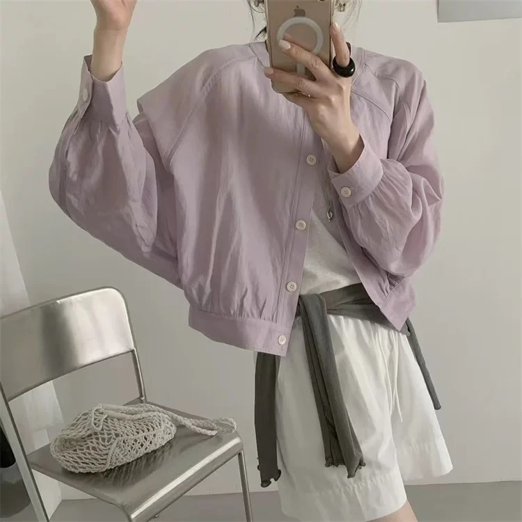 欧货正品2025新款韩版时尚百搭圆领单排扣纯色棉麻长袖外搭上衣
