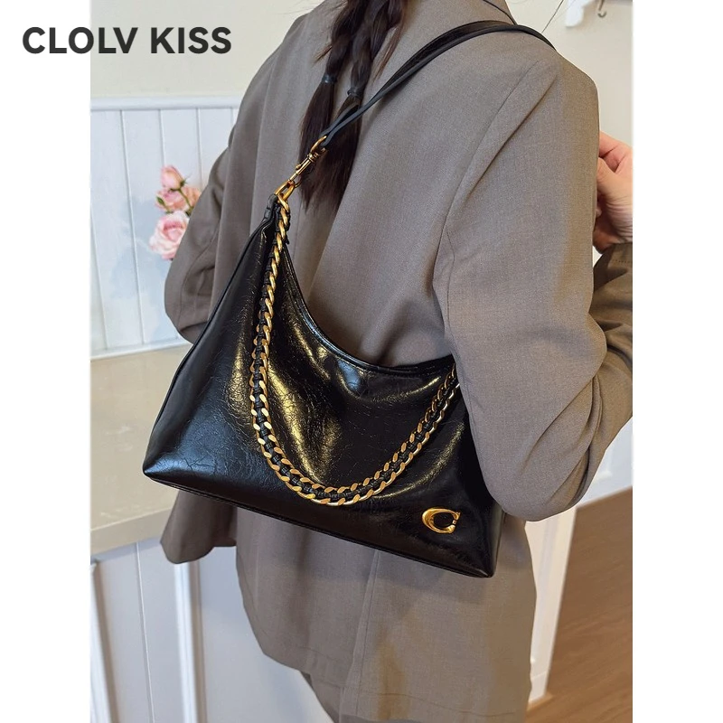 CLOLV&KISS韩版时尚百搭炼条单肩腋下包包女2025秋季新款简约复古