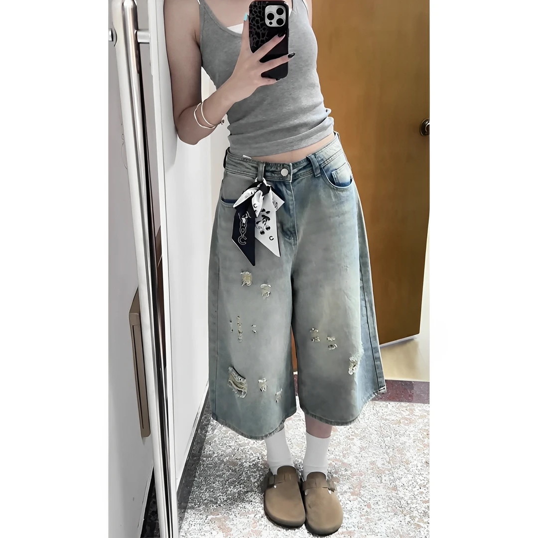 街头设计感破洞百搭七分牛仔裤女2025夏季新款小个子显瘦直筒中裤