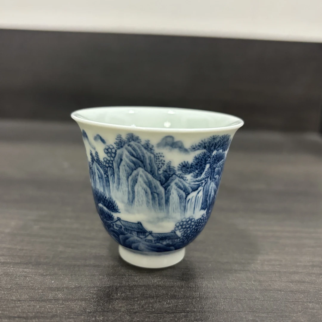 见燃柴窑景德镇柴窑纯手工手绘青花山水闻香杯中式主人杯盖碗60ml