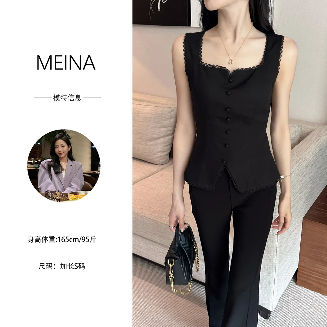 MEINA专属【时光格调】夏季黑色方领无袖吊带背心女设计感内搭上衣