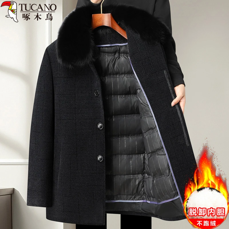 啄木鸟爸爸冬装外套中老年人加厚保暖呢子大衣可拆内胆男棉棉服