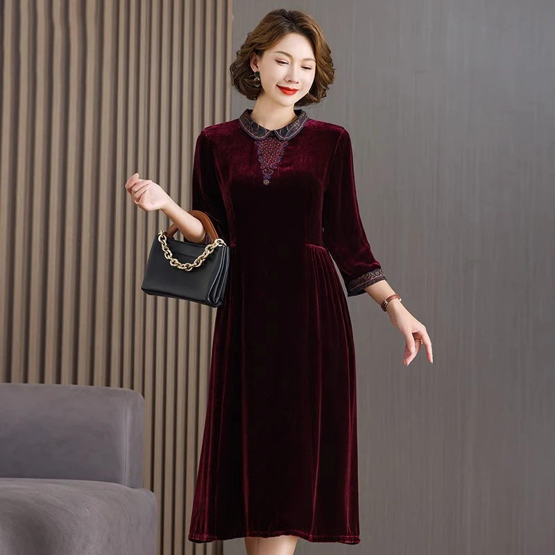 丝绒真丝连衣裙高端喜婆婆婚宴装礼服秋冬桑蚕丝金丝绒高贵真丝绒