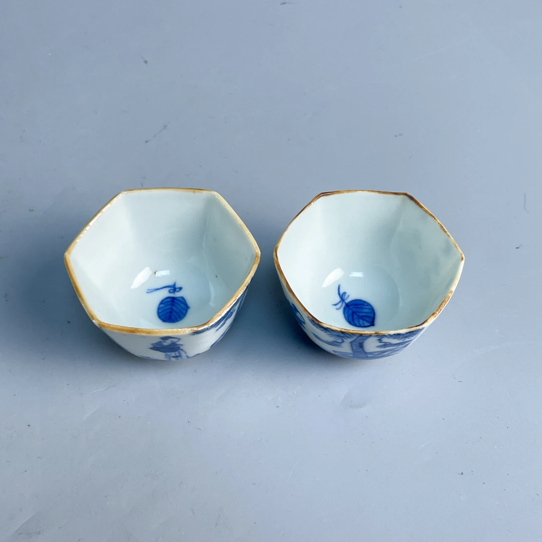 清嘉庆 青花仕女诗文六方杯一对-M25GC002988-