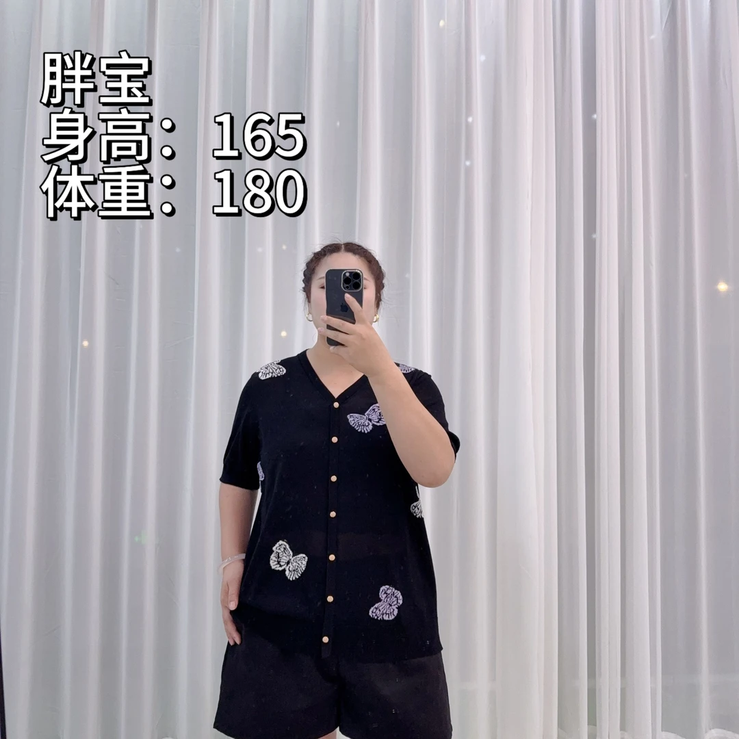 壹嘉胖宝  蝴蝶刺绣夏季休闲提花宽松大码针织气质休闲上衣351