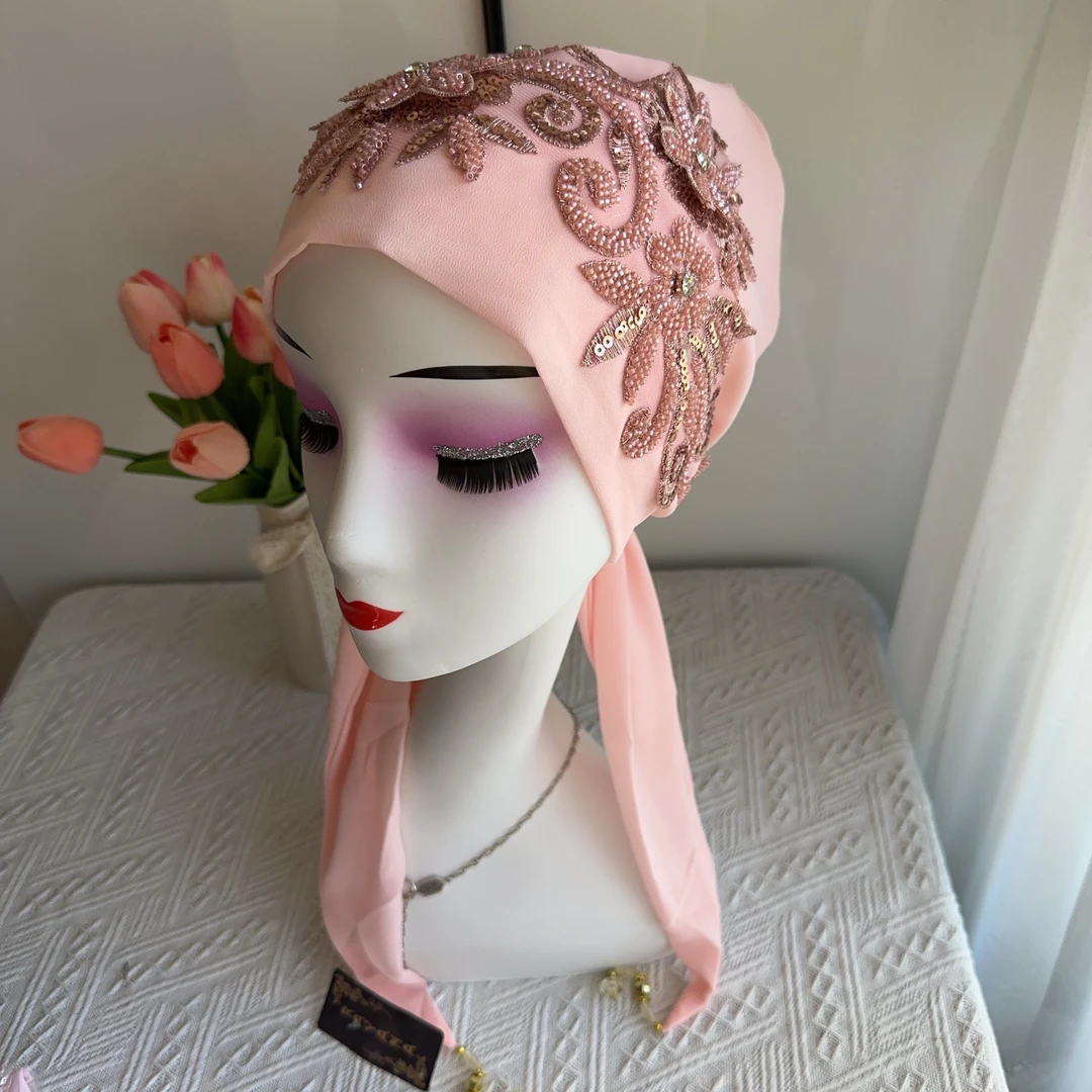 新款进口套头头巾珍珠装饰百搭休闲双层款套头戴取方便时尚女士