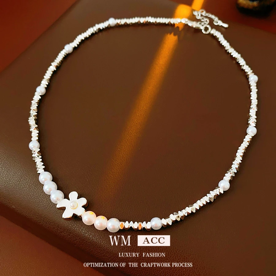 不锈钢仿珍珠吊坠 碎银花朵串珠珍珠项链法式复古百搭小众锁骨链
