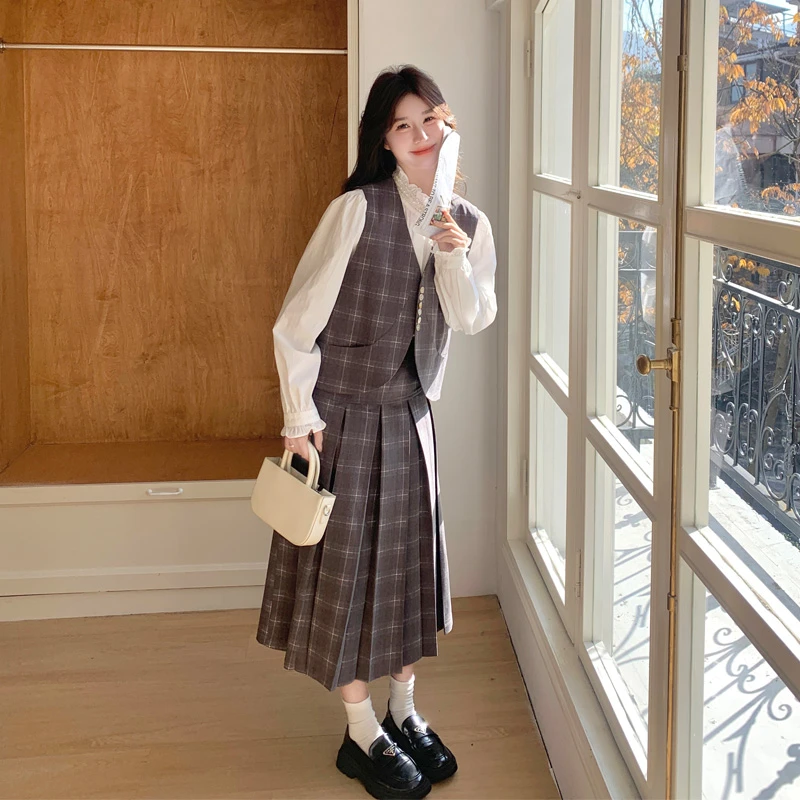 复古格纹马甲套装裙女2025春秋新款氛围感韩系学院风半身裙两件套