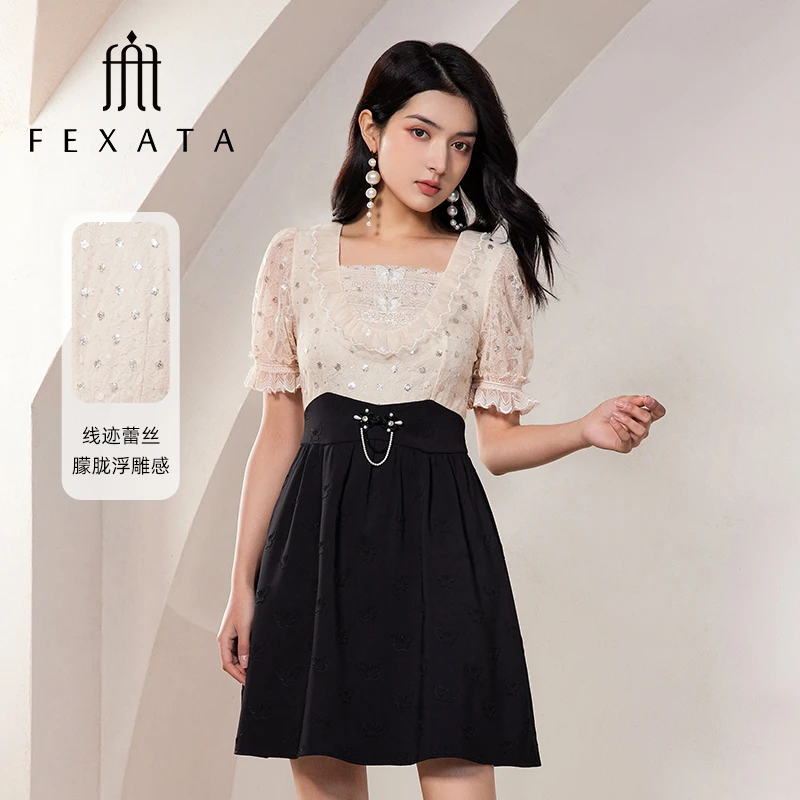 FEXATA斐格思2025夏季新品复古方领通勤气质浪漫连衣裙假两件裙子