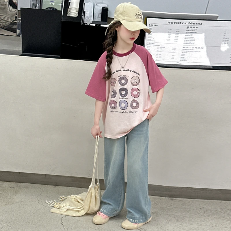 女童短袖套装2025夏季新款洋气女大童夏装牛仔阔腿裤儿童休闲T恤