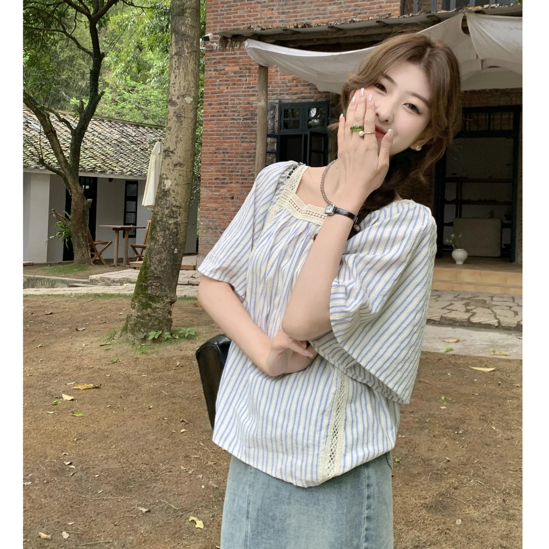 大码法式方领韩版甜美短袖衬衫女夏季胖mm宽松显瘦小清新气质上衣